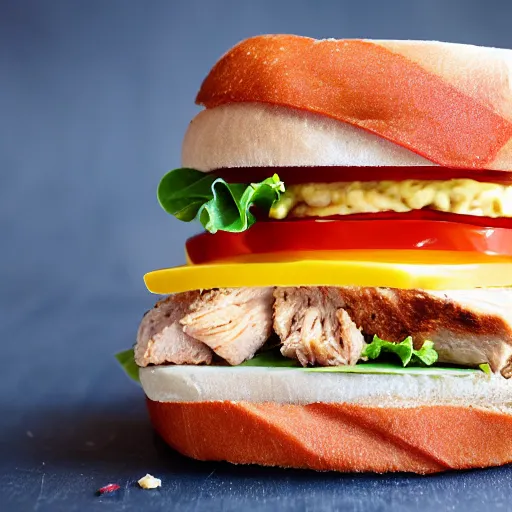 Prompt: Chicken Sandwich made to look like American Flag, food photography