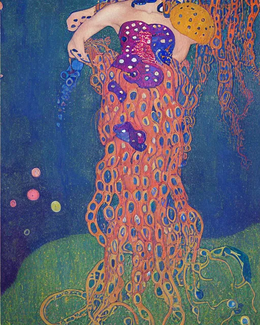 Prompt: a beautiful girl underwater wearing a colourful octopus as a dress and surrounded by colourful jellyfish, painted by gustave klimt, edgar maxence, edward hopper, wayne barlowe, james gilleard and james jean