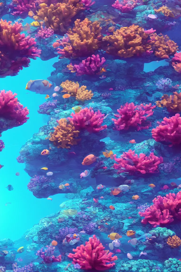 Prompt: mesmerizing underwater neon coral reef landscape magical realism painting with sun rays coming from above, neon pastel colors, octane render, maya, cinema 4d