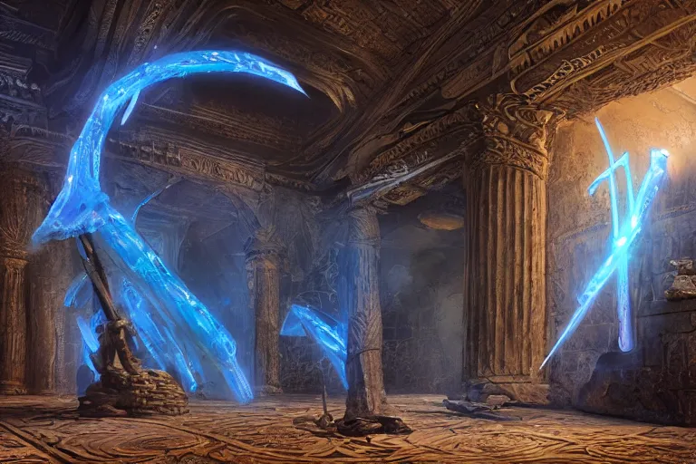 Image similar to old twisted staff weapon with a blue crystal at it's tip, fantasy movie scene greg rutkowski digital painting of an ornate and royal egyptian antechamber tomb, unreal engine, hyper realism, realistic shading, cinematic composition, blender render, octane render, hdr, detailed textures, photorealistic, ultrawide shot, 3 5 mm film