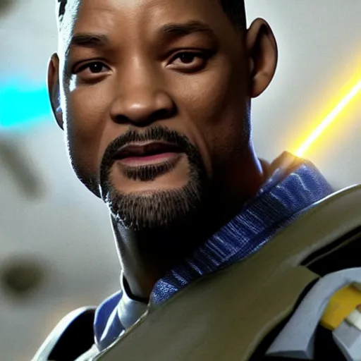 Image similar to will smith as a jedi, starwars, hyper detailed, digital art, trending in artstation, cinematic lighting, studio quality, smooth render, unreal engine 5 rendered, octane rendered