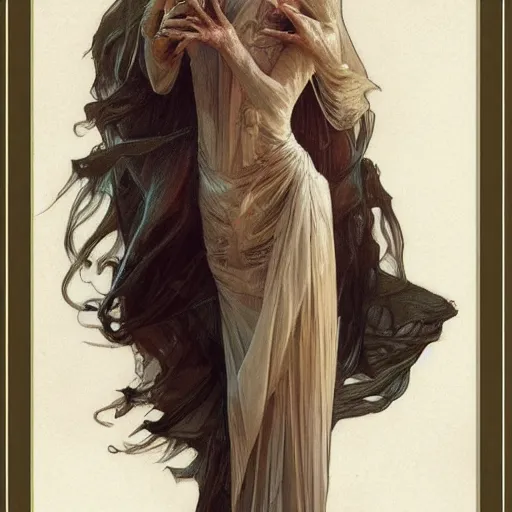 Image similar to beautiful lifelike award winning pencil illustration of celine dion as a scary wraith with her mouth wide open trending on art station artgerm greg rutkowski alphonse mucha museum quality cinematic atmospheric