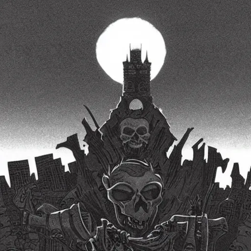 Image similar to The sun setting on a skull, with a looming tower in the distance. Dark Fantasy, Film Noir, Black and White. High Contrast, Mike Mignola, D&D, OSR