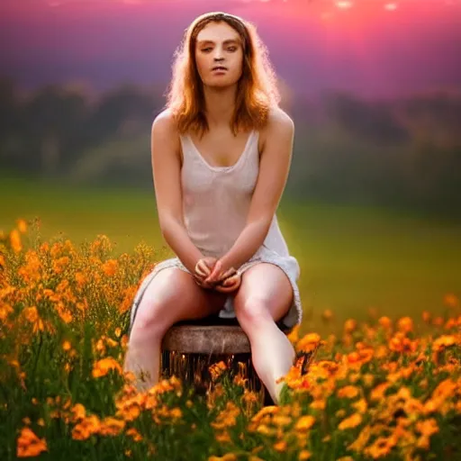 Image similar to Fine art photo of the most beautiful woman, she is posing while maintain a sweet eye contact to the camera, she has a crown of flowers, she has perfect white teeths, she is sitting on a field of lavader, she is getting ulluminated by the rays of the sunset, the photo was taking by Annie Leibovitz, Ellie Victoria Gale, Steve McCurry, matte painting, oil painting, naturalism, 4k, 8k