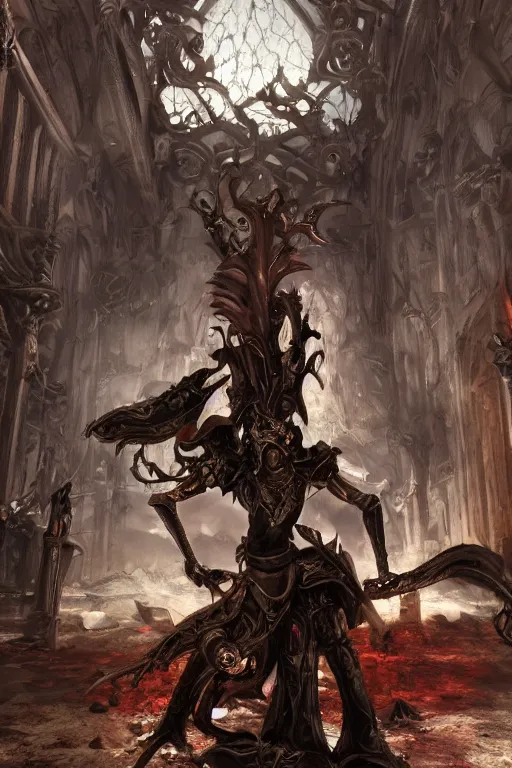 Image similar to Path of Exile, Sirius, bronze face, red eyes, male image with bronze black armor, sitting on the throne, inside the ruined gothic church, black shadows, dark red bloody fog fly around, [[blood]], Anachronism, painting, dark fantasy, steampunk, 4k, perfect quality,