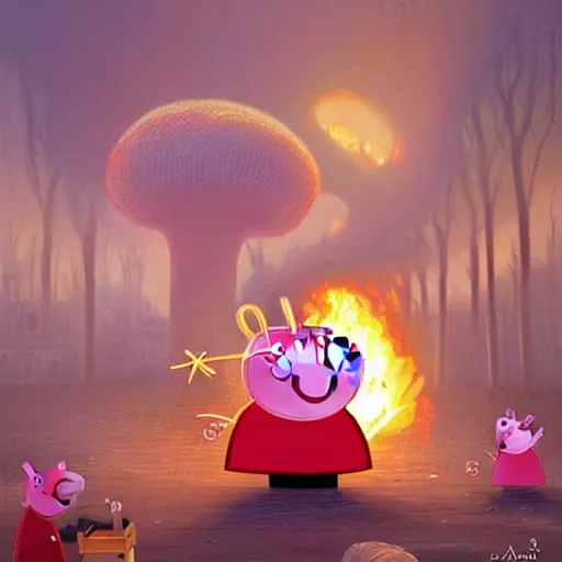 Image similar to Peppa Pig plays in front on a large nuclear mushroom and is totally oblivious to the fact that the city is in flames and everyone die. Elegant, intricate, digital painting, artstation, concept art, smooth, sharp focus, illustration, art by artgerm and greg rutkowski and alphonse mucha