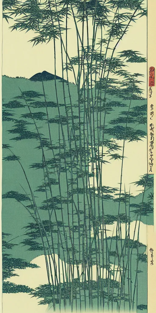 Image similar to a minimalist picture of a beautiful and magical bamboo forest landscape, by hokusai