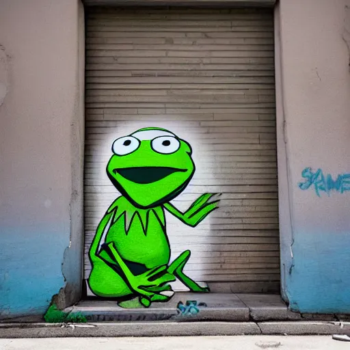 Prompt: street graffiti of kermit the frog sleeping in the doorway of an oppressive evil building. octane render 4 k