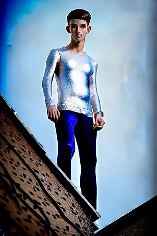 Image similar to un ultra high definition studio quality photographic art portrait of a young man standing on the rooftop of a british apartment building wearing soft padded silver pearlescent clothing. three point light. extremely detailed. golden ratio, ray tracing, volumetric light, shallow depth of field. set dressed.