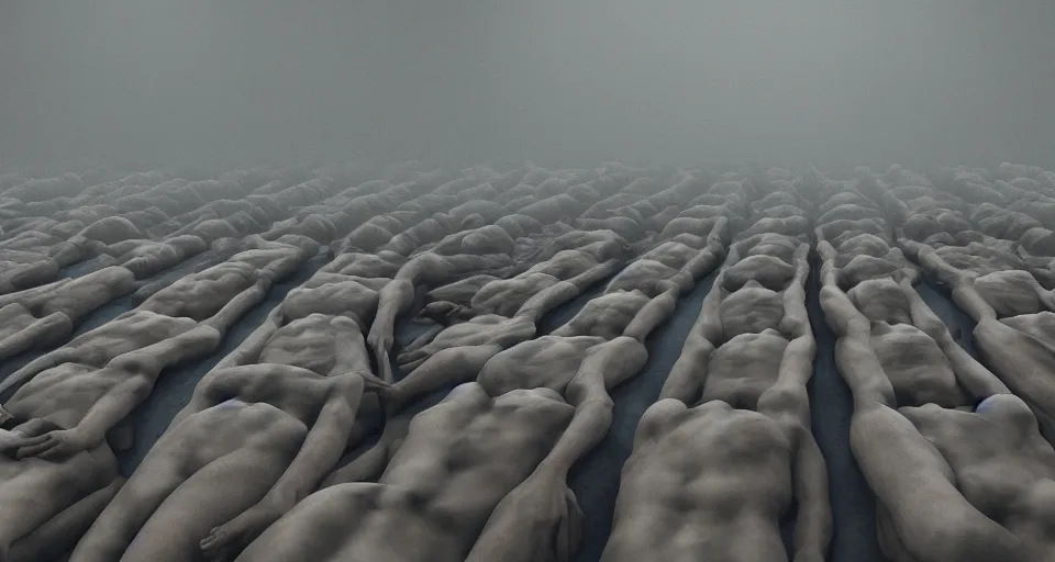 Image similar to illustration of rows of limp human bodies growing like fruit on display in a cold warehouse, refrigerated storage facility, rolling fog, cyberpunk, dystopian, dramatic lighting, unreal engine 5, colorful