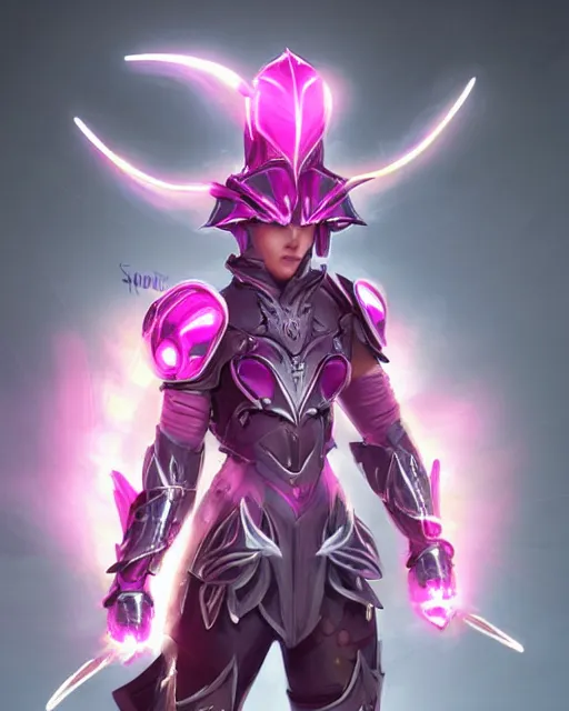 Image similar to concept art of a futuristic warrior, with large flower like spikes on her back, large pink glowing lights on her helmet, very sleek design, full body | | epic - fine - fine details by stanley artgerm lau, wlop, rossdraws, and sakimichan, trending on artstation, brush strokes