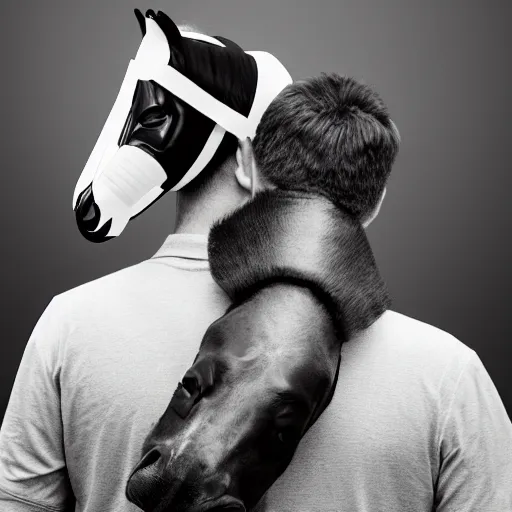 Image similar to man wearing horse head mask on shoulder of man