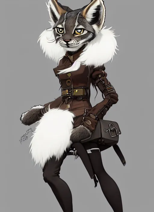 Prompt: wide angle beautiful full body portrait of a strong female anthropomorphic anthro lynx fursona wearing a steampunk dress. character design by disney, anime, manga, charlie bowater, ross tran, artgerm, and makoto shinkai, detailed, soft lighting, rendered in octane, white fur