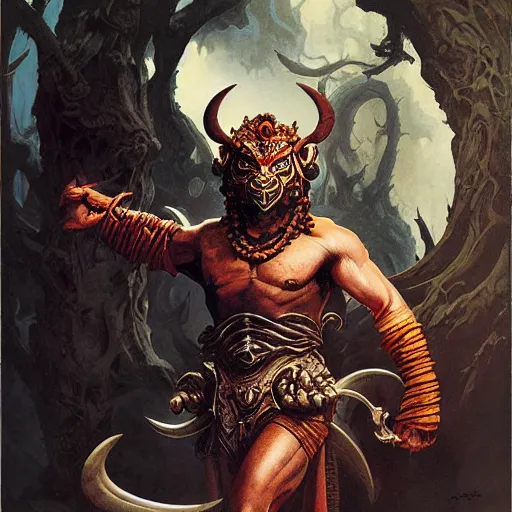 Image similar to head and shoulders portrait of a rakshasa, d & d, fantasy, greg rutkowski, frank frazetta, alexandre chaudret, boris vallejo, michael whelan, miro petrov, hr giger, magali villeneuve, donato giancola