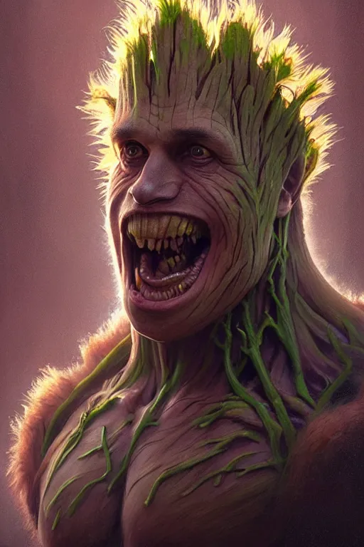 Image similar to Boris Johnson as Groot, realistic portrait, symmetrical, highly detailed, digital painting, artstation, concept art, smooth, sharp focus, illustration, cinematic lighting, art by artgerm and greg rutkowski and alphonse mucha