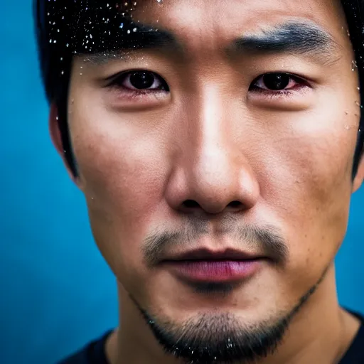 Image similar to a close up photographic portrait of a handsome asian actor looking worried taken by annie leibowitz in the rain. cinematic lighting, blue background colour, 5 0 mm, subsurface scatter.