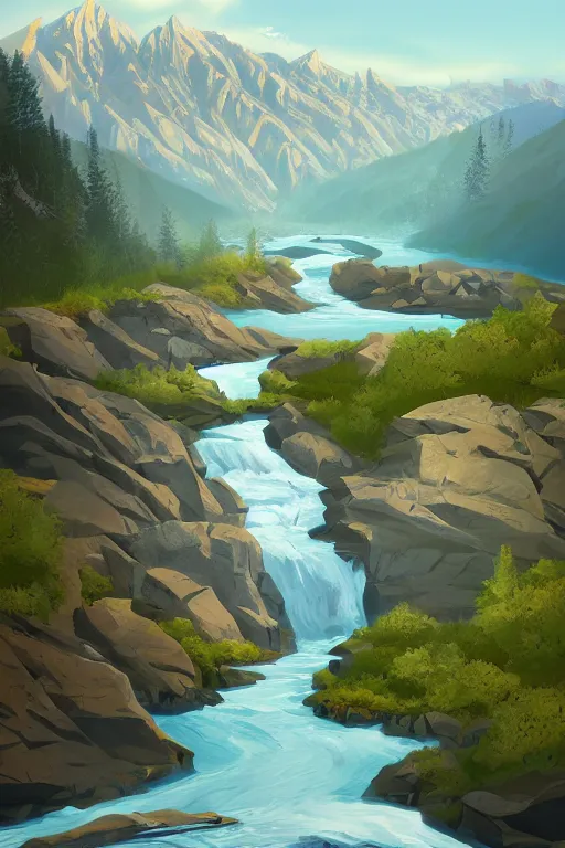 Image similar to mountaintop river flat illustration fantasy art trending on artstation