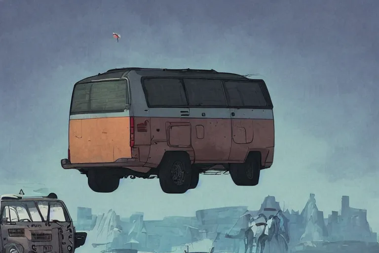 Prompt: digital illustration of mad max's mobile command center hiace camper van by makoto shinkai, ilya kuvshinov, lois van baarle, rossdraws, basquiat