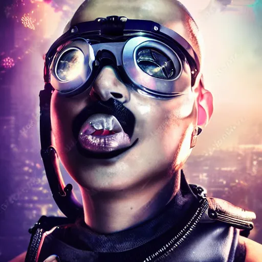 Prompt: damaged photo! of cyberpunk, shaved head, wearing futuristic goggles, leather jacket, cyborg! photorealistic, hyper real, 8 k, high details, wires cybernetic implants, machine noir grime grunge, in cyberspace photoreal, atmospheric