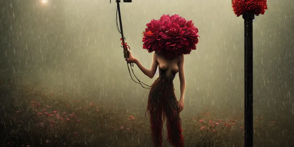 Image similar to a horror flower head creature standing in the rain near light pole by karol bak, james jean, tom bagshaw, rococo, sharp focus, trending on artstation, cinematic lighting, hyper realism, octane render, 8 k, hyper detailed, vivid, ultra detailed, highly detailed