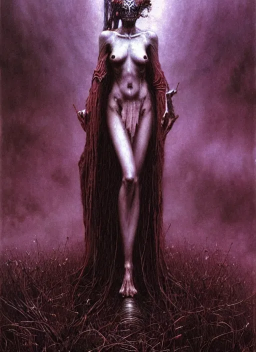 Image similar to majestic dark necromancer queen by Beksinski, Luis Royo