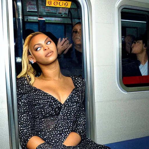 Image similar to beyonce asleep riding the subway late at night