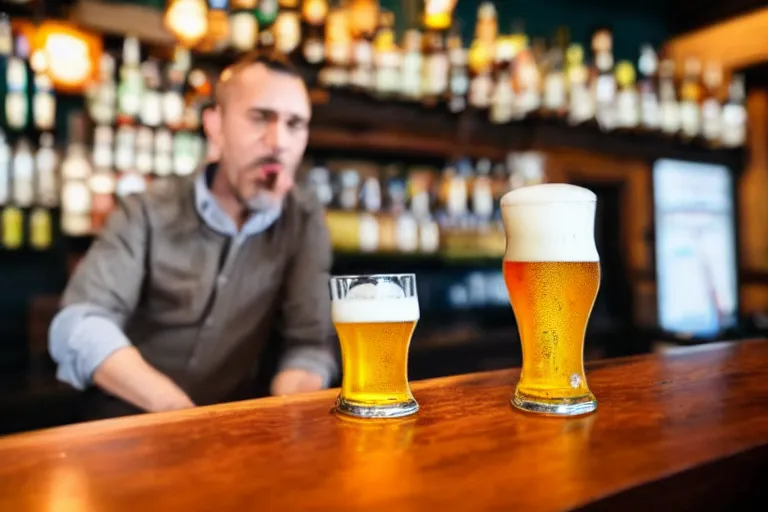 Image similar to a anthropomorphic pint of beer, who is a customer, waits to be served by a bartender