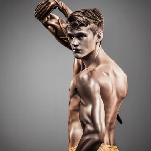 Prompt: a realistic detailed photo of a guy who is an attractive humanoid who is half robot and half humanoid, who is a male android, soccer player martin ødegaard, shiny skin, posing like a statue, blank stare, in a living room, on display, showing off his muscles, gold soccer kit