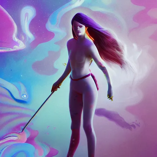 Prompt: Emma Stone with katana swimming in chromatic distortions in misty mysterious astral temple, beautiful, psychedelic, lsd, trending on artstation, omnious, soft, artwork by Tran, Ross