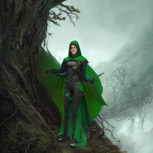 Image similar to an portrait of an hunter woman with a green cape and hoodie on, Matte painting , detailed painting, greg rutkowski