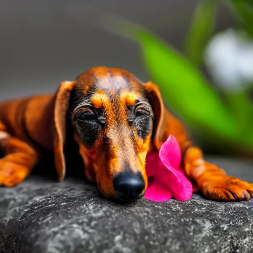 Image similar to macro photograph of a very tiny Dachshund sleeping on the flower, Nikon D810, award-winning, bokeh,