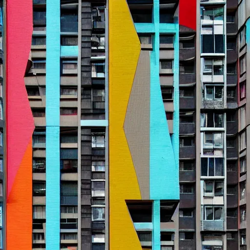 Image similar to a brutalist building made of colourful fabric sheets