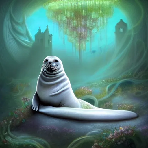 Image similar to beautiful digital fantasy illustration of a Prince in pastel!!!, whimsical acrylic modern pop surrealism, Even Giger-y dark overlords living in the ruins of an ancient system of tunnels and caves like to be comfy every once in a while!, A seal sleeping peacefully in a kelp forest, highly detailed, soft lighting, rendered in octane, masterpiece, very very very aesthetic