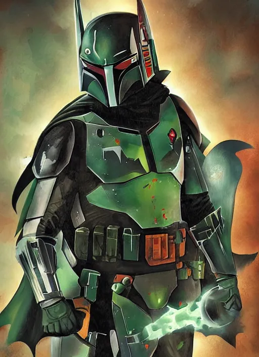 Prompt: batman x boba fett, digital art, character mashup, epic lighting, combination art