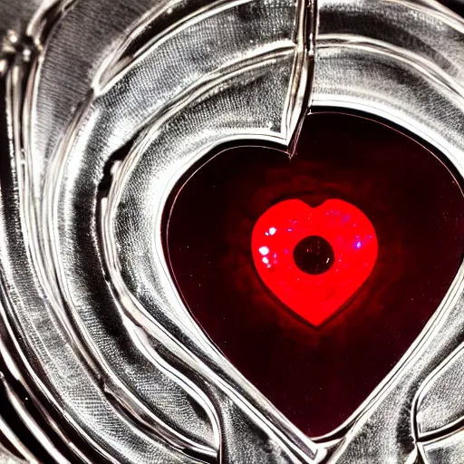 Image similar to a chrome carved heart, glowing gemstone, red light, intricate artwork, graphic style of Patrick Gleason very coherent symmetrical artwork, depth of field, bokeh