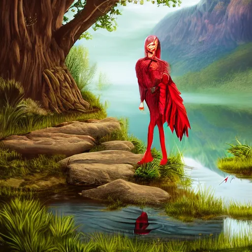 Prompt: prompt Young Woman, wearing Inka clothes, Harpy, red feathered wings for arms, bird legs, sad expression, sitting at a pond, mountainous area, trees in the background, digital art