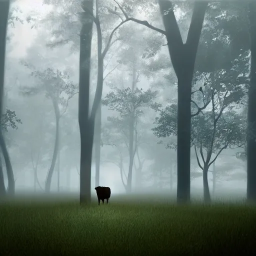 Image similar to Highly realistic painting of a cow standing in the middle of a dark forest, oak trees, fog, moody lighting, volumetric lighting