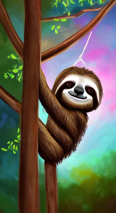 Prompt: a cute sloth hanging on a tree on a beautiful dark night with stars, everything made of thick flowing dramatic brush strokes, abstract impressionism, matte colors, trending on artstation