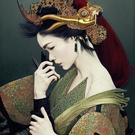 Image similar to a photorealistic dramatic fantasy render of a beautiful woman wearing a beautiful intricately detailed japanese crow kitsune mask and clasical japanese kimono by wlop, artgerm, greg rutkowski, alphonse mucha, beautiful dynamic dramatic dark moody lighting, shadows, cinematic atmosphere, artstation, concept design art, octane render, 8 k