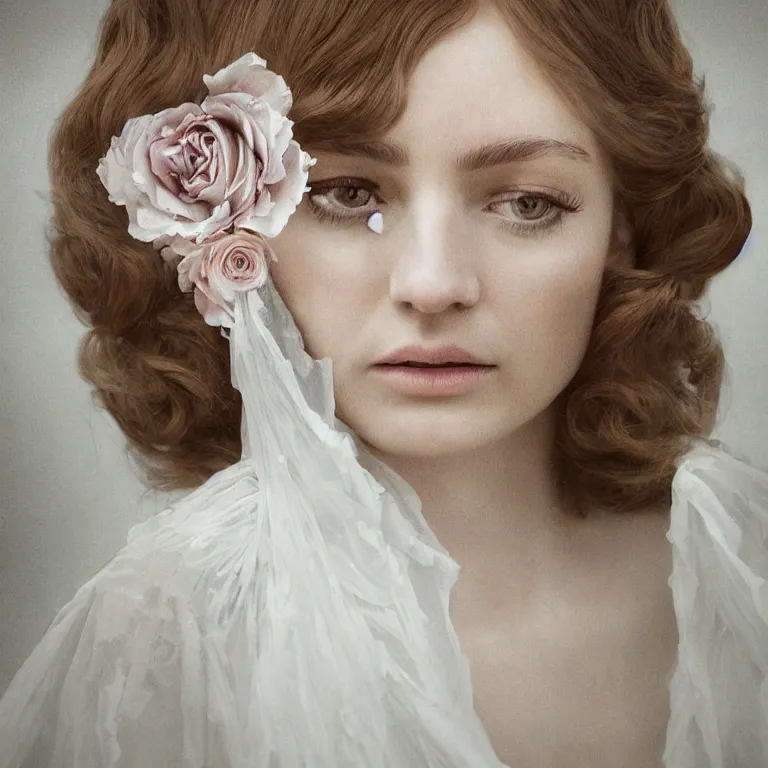 Image similar to 7 0's style : a wonderful realistic focused sweet face mid portrait of a beautiful symmetrical lonely woman with a detailed wonderful symmetrical face who is dressed with a wonderful, majestic, large semi transparent white cotton dress ornate with semi transparent cotton roses and semi transparent white veils, dramatic light, octane render - 8 k