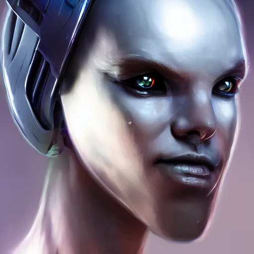 Prompt: dramatic portrait of a humanoid alien creature mixed android , futuristic headset, cyber punk style, highly detailed, digital painting, smooth, sharp, aggressive face, expressive eyes, digital painting, ultrarealistic, 4k, artstation, art by Neville Page and Daytoner