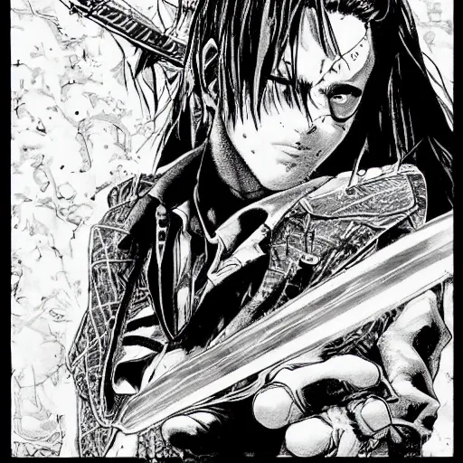 Image similar to pen and ink!!!! attractive 22 year old Gantz monochrome!!!! Frank Zappa x Daniel Radcliff highly detailed manga Vagabond!!!! telepathic floating magic swordsman!!!! glides through a beautiful!!!!!!! battlefield magic the gathering dramatic esoteric!!!!!! pen and ink!!!!! illustrated in high detail!!!!!!!! graphic novel!!!!!!!!! by Frank Miller and Hiroya Oku!!!!!!!!! MTG!!! award winning!!!! full closeup portrait!!!!! action manga panel