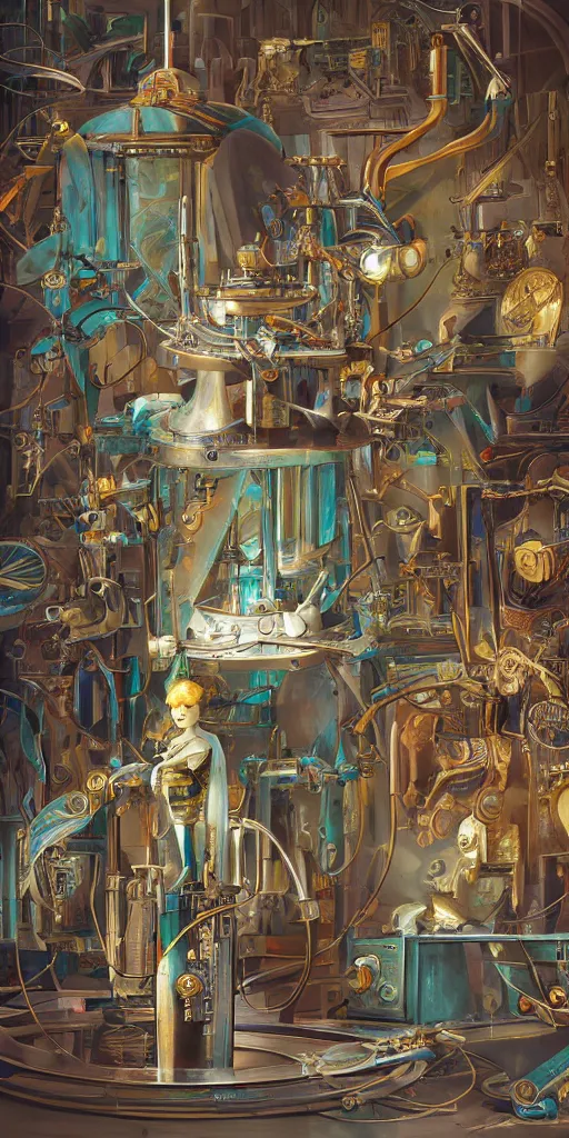 Prompt: art deco automaton with opal head in a workshop, artstation trending, high detail, illustartion, warm light