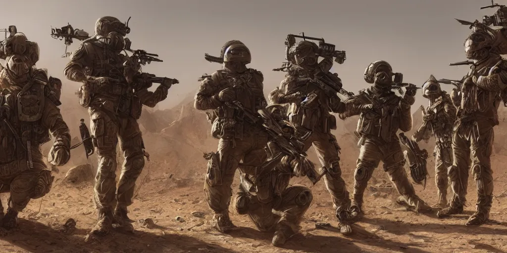 Image similar to highly detailed image of a tactical squad of hamsters holding rifles, in a desert, stephen bliss, unreal engine, fantasy art by greg rutkowski, global illumination, detailed and intricate environment