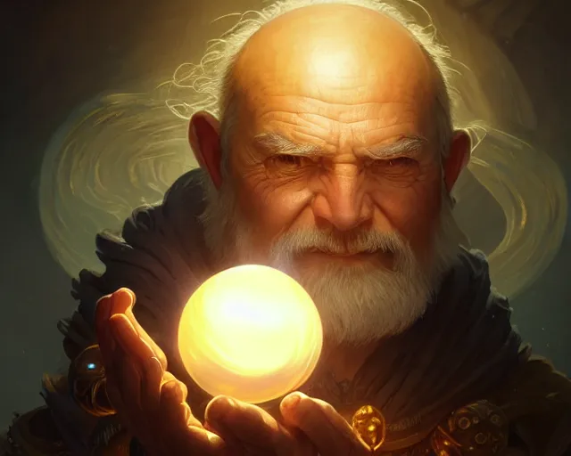 Image similar to old man creating a glowing orb, deep focus, d & d, fantasy, intricate, elegant, highly detailed, digital painting, artstation, concept art, matte, sharp focus, illustration, hearthstone, art by artgerm and greg rutkowski and alphonse mucha