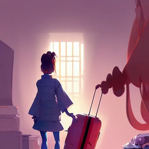 Image similar to goro fujita ilustration heerful girl taking the suitcases out of her house, characterized by masamune shirow, by greg rutkowski., character art, sharp focus, highly detailed, artstation