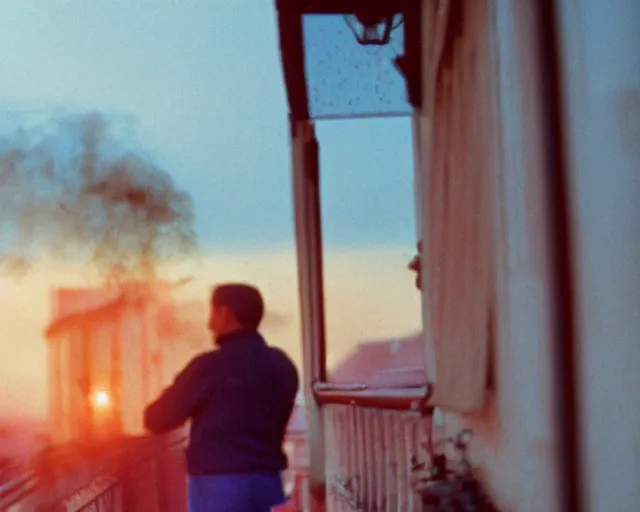 Prompt: lomo photo of pair standing on small hrushevka balcony full with cigarette smoke in small russian town at sunset, cinestill, bokeh
