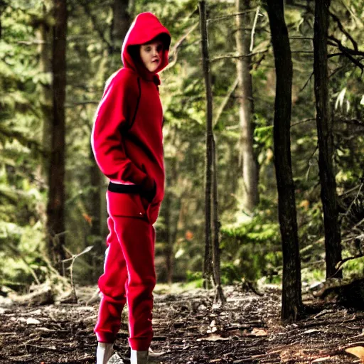 Prompt: a ninja timber wolf stalks [ a blonde teenage girl wearing a red hoodie ] in the forest