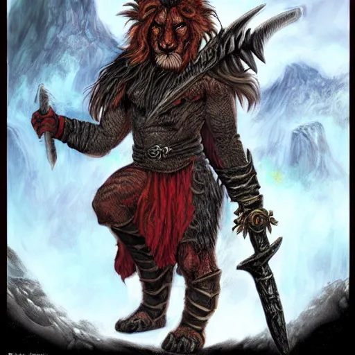 Image similar to a tiefling lion - man barbarian with horns, black fur and red eyes, wielding a greatsword, high quality digital painting by larry elmore and jeff easley