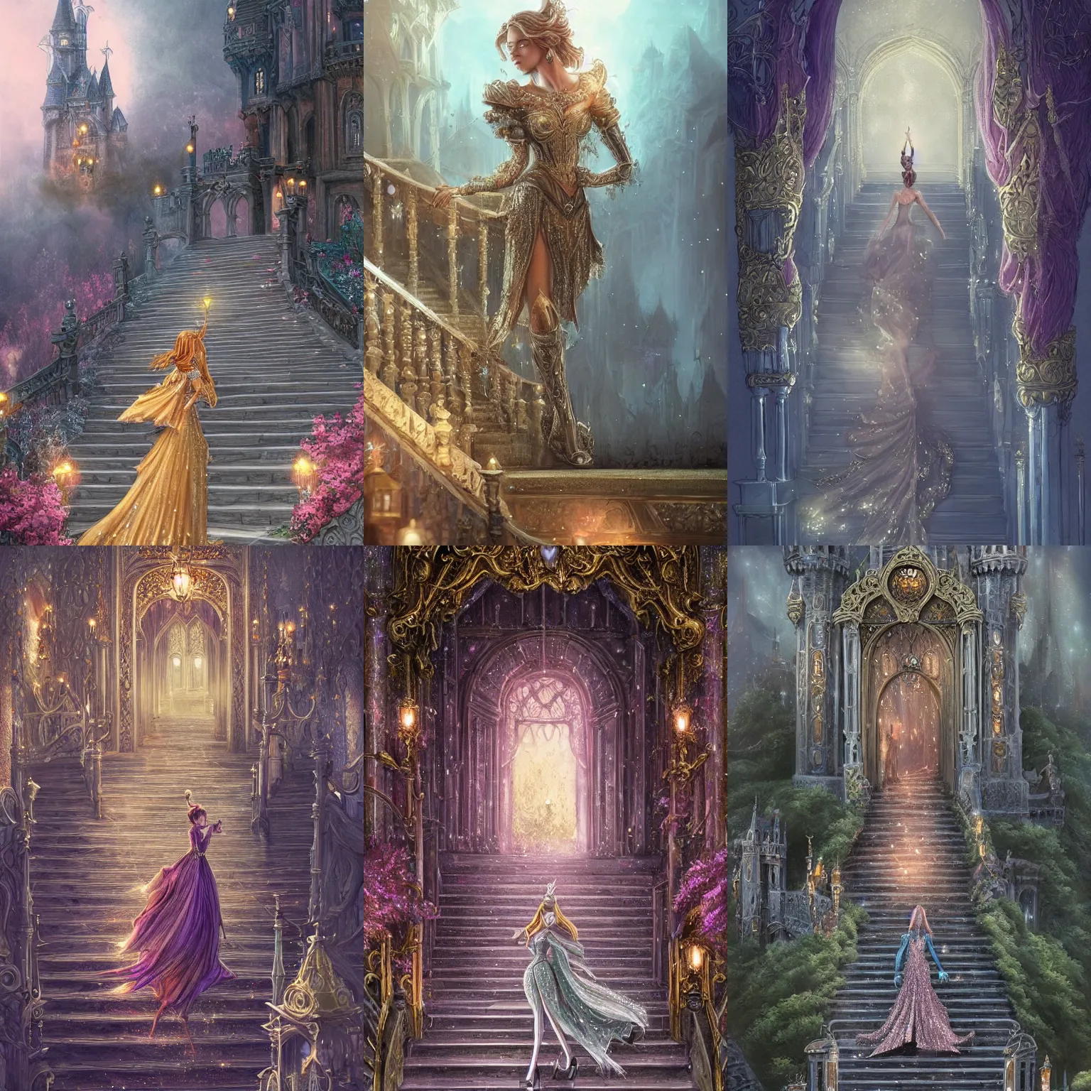 Prompt: a prince in a sparkly gown is running down the steps of her beautiful castle, fantasy, very detailed, intricate details, complimentary colors, perfect lighting, misty, evening, perfect composition, aesthetic, masterpiece, award winning, artstation